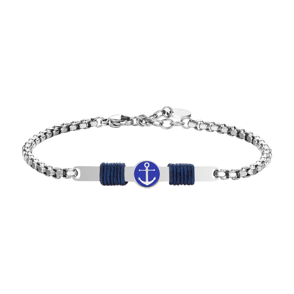 BRACCIALE IN ACCIAIO, PIASTRA CON SMALTO BLU E ANCORA E CORDA BLU