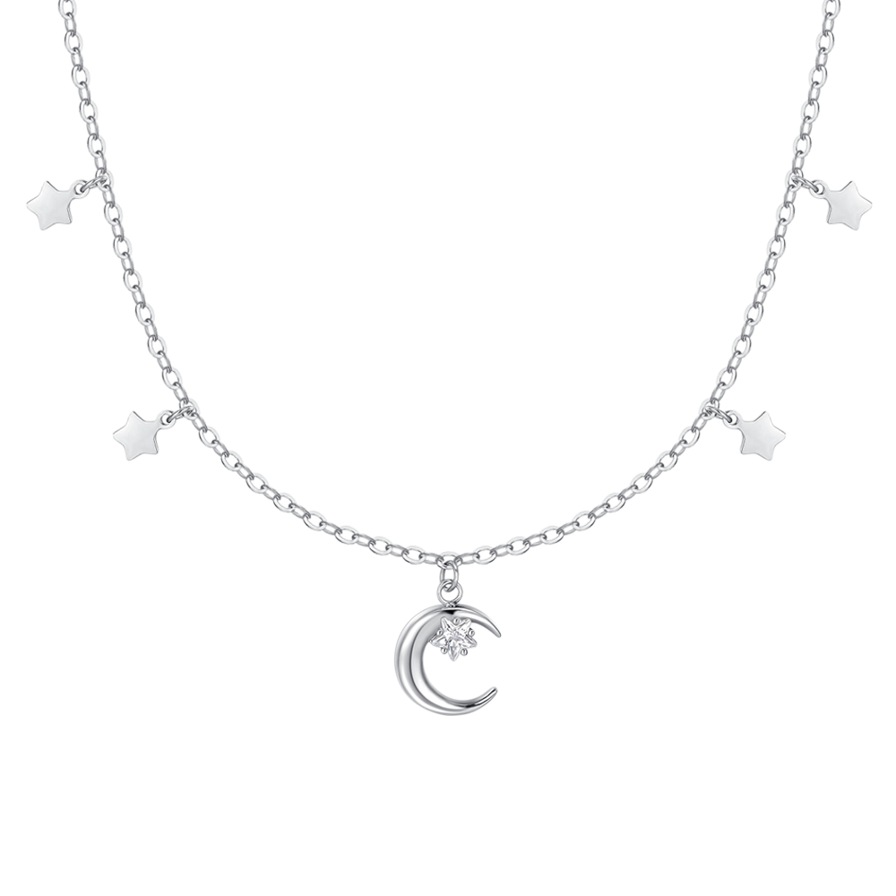 COLLANA DONNA IN ACCIAIO, LUNA CON ZIRCONE BIANCO E STELLE