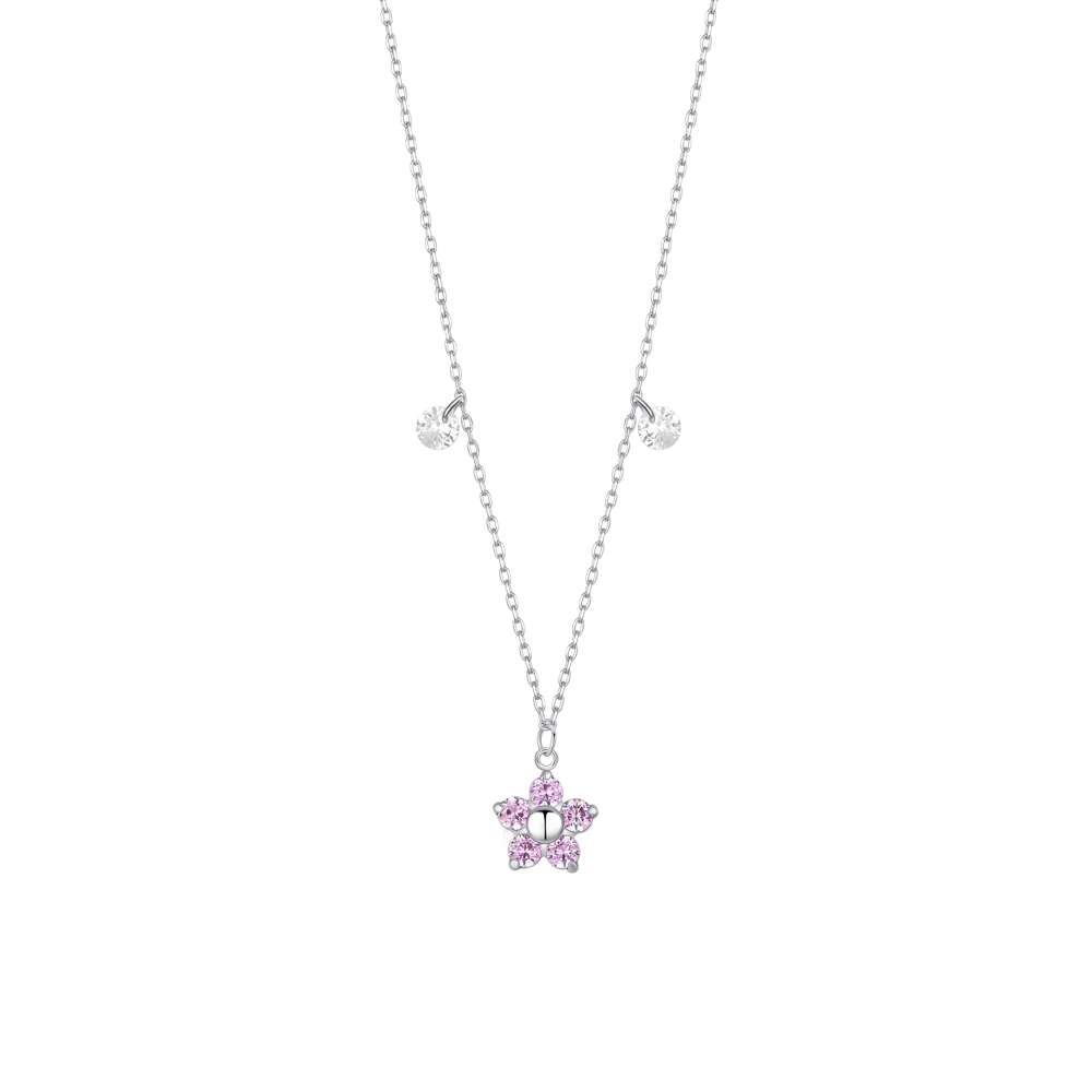 COLLANA DONNA IN ACCIAIO CON PENDENTE FIORE CON E PETALI ZIRCONE MAGENTA