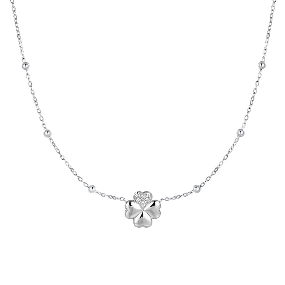 COLLANA DONNA IN ACCIAIO CON QUADRIFOGLIO E PUNTI LUCE IN ZIRCONE BIANCO