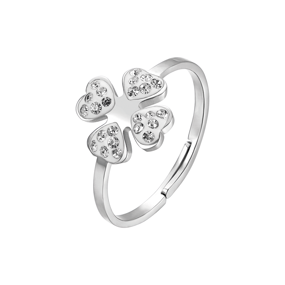 ANELLO DONNA IN ACCIAIO CON QUADRIFOGLIO E CRISTALLI BIANCHI MISURA: S