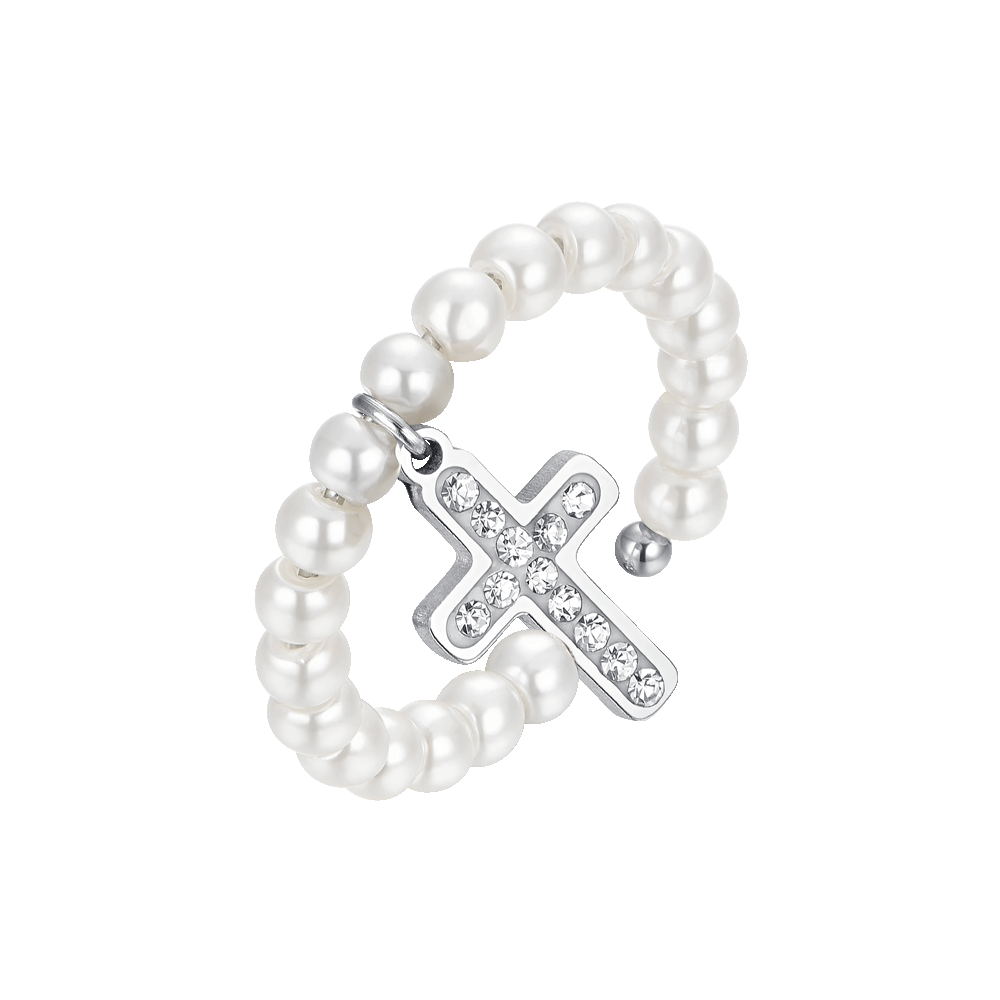 ANELLO DONNA IN ACCIAIO CON PERLE SINTETICHE E CROCE CON CRISTALLI BIANCHI