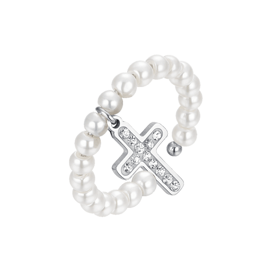 ANELLO DONNA IN ACCIAIO CON PERLE SINTETICHE E CROCE CON CRISTALLI BIANCHI