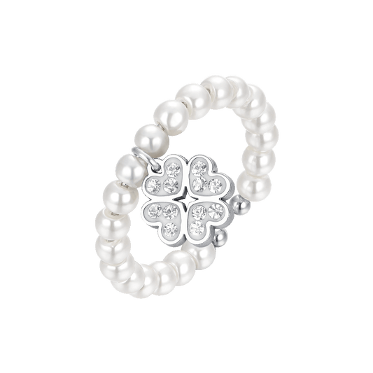ANELLO DONNA IN ACCIAIO CON PERLE SINTETICHE E QUADRIFOGLIO CON CRISTALLI BIANCH