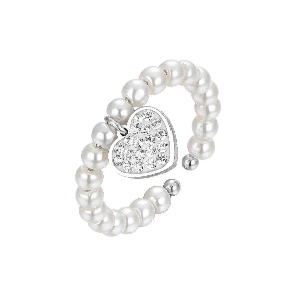 ANELLO DONNA IN ACCIAIO CON PERLE SINTETICHE E CUORE CON CRISTALLI BIANCHI
