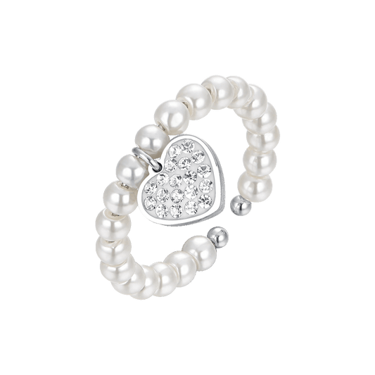 ANELLO DONNA IN ACCIAIO CON PERLE SINTETICHE E CUORE CON CRISTALLI BIANCHI