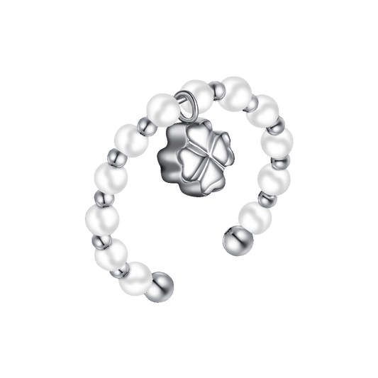 ANELLO DONNA IN ACCIAIO CON PERLE SINTETICHE BIANCHE E QUADRIFOGLIO