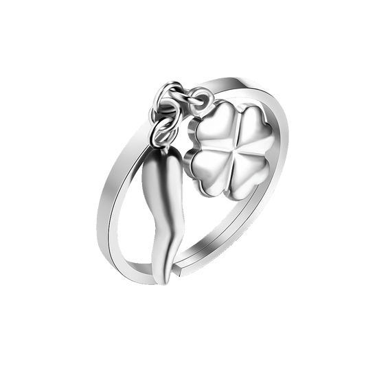 ANELLO DONNA IN ACCIAIO CON CORNO E QUADRIFOGLIO