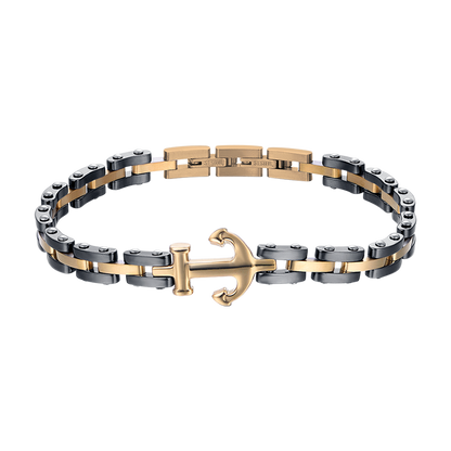 BRACCIALE UOMO IN ACCIAIO IP ROSE CON ELEMENTI IN CERAMICA NERA ED ANCORA