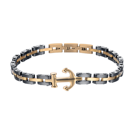 BRACCIALE UOMO IN ACCIAIO IP ROSE CON ELEMENTI IN CERAMICA NERA ED ANCORA