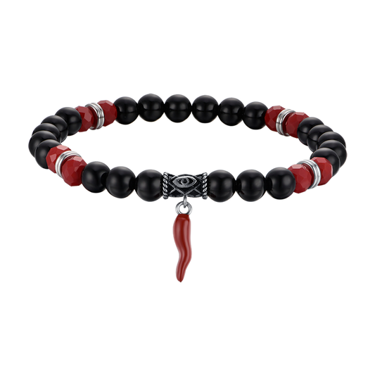 BRACCIALE UOMO ELASTICO CON PIETRE NERE E ROSSE E CORNO ROSSO