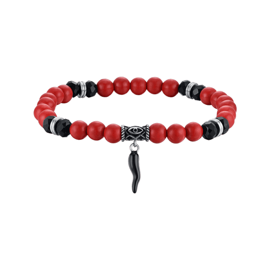 BRACCIALE UOMO ELASTICO CON PIETRE ROSSE E NERE E CORNO NERO