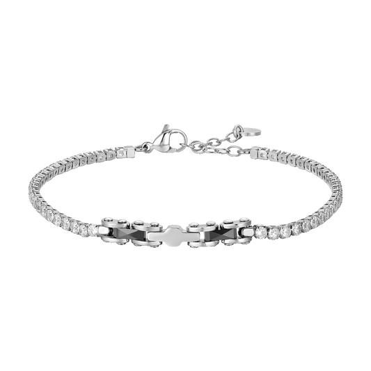 BRACCIALE TENNIS UOMO IN ACCIAIO CON CERAMICA NERA E ZIRCONI BIANCHI