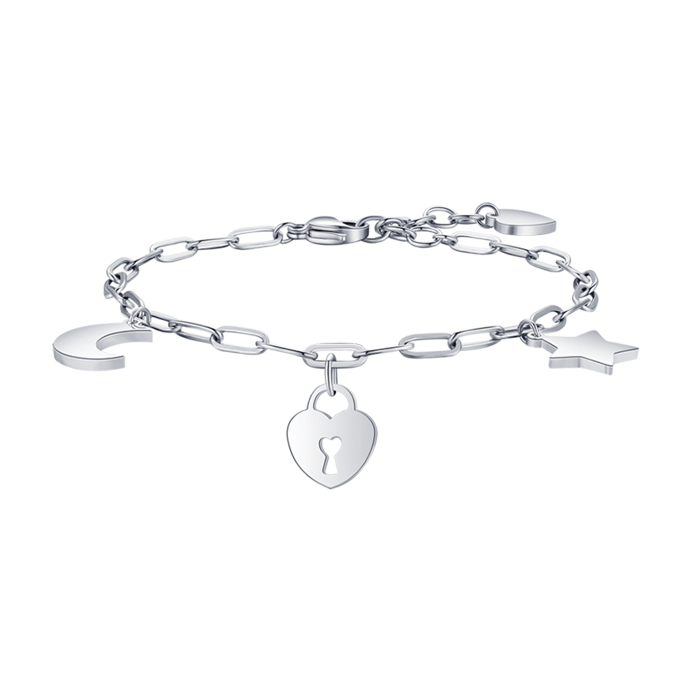 BRACCIALE DONNA IN ACCIAIO CON LUNA CUORE LUCCHETTO E STELLA