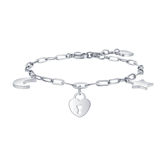 BRACCIALE DONNA IN ACCIAIO CON LUNA CUORE LUCCHETTO E STELLA