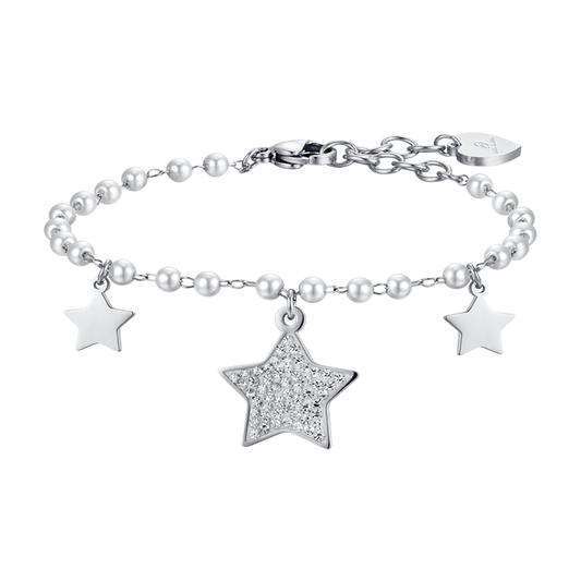 BRACCIALE DONNA IN ACCIAIO CON PERLE BIANCHE E STELLE