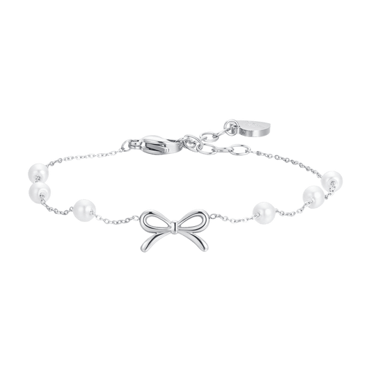 BRACCIALE DONNA IN ACCIAIO PERLE SINTETICHE E FIOCCO
