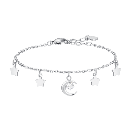 BRACCIALE DONNA IN ACCIAIO, LUNA CON ZIRCONE BIANCO E STELLE