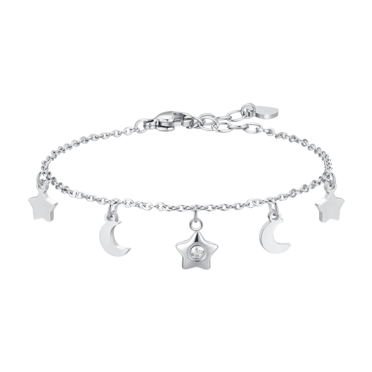 BRACCIALE DONNA IN ACCIAIO, STELLA CON ZIRCONE BIANCO, LUNE E STELLE