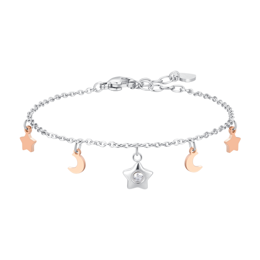 BRACCIALE DONNA IN ACCIAIO, STELLA CON ZIRCONE BIANCO, LUNE E STELLE IP ROSE
