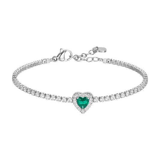 BRACCIALE TENNIS DONNA IN ACCIAIO CON CUORE CON ZIRCONI VERDI E BIANCHI