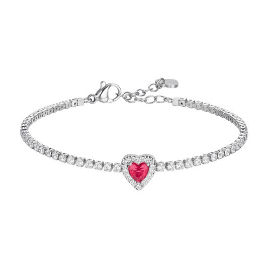 BRACCIALE TENNIS DONNA IN ACCIAIO CON CUORE CON ZIRCONI ROSSI E BIANCHI