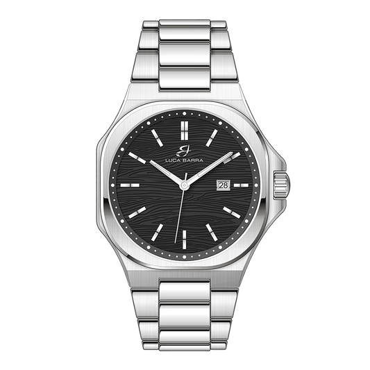 OROLOGIO UOMO IN ACCIAIO QUADRANTE NERO, DETTAGLI SILVER