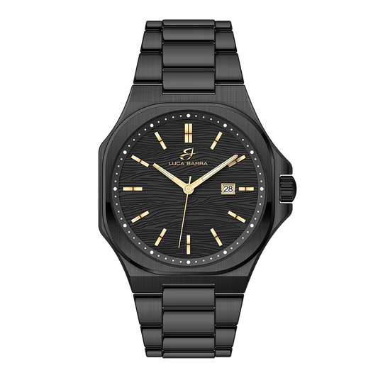 OROLOGIO UOMO IN ACCIAIO IP NERO QUADRANTE NERO, DETTAGLI IP GOLD