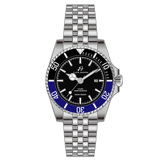 OROLOGIO CON CASSA IN ACCIAIO QUADRANTE NERO GHIERA NERA E BLU