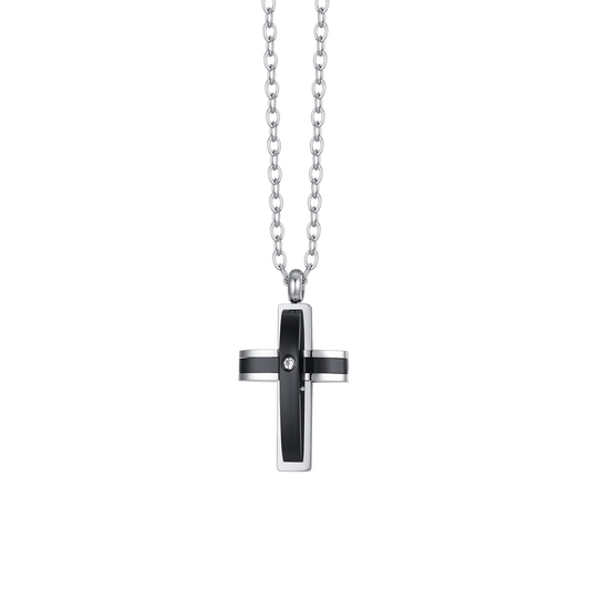 COLLANA UOMO IN ACCIAIO CROCE IP NERO E ZIRCONE