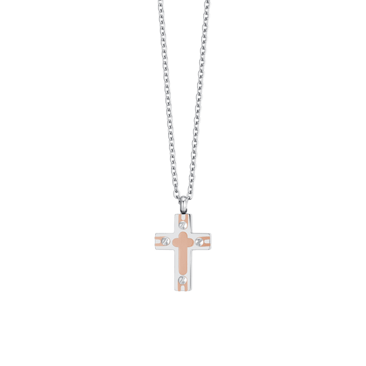 COLLANA UOMO ACCIAIO CROCE ED IP ROSE