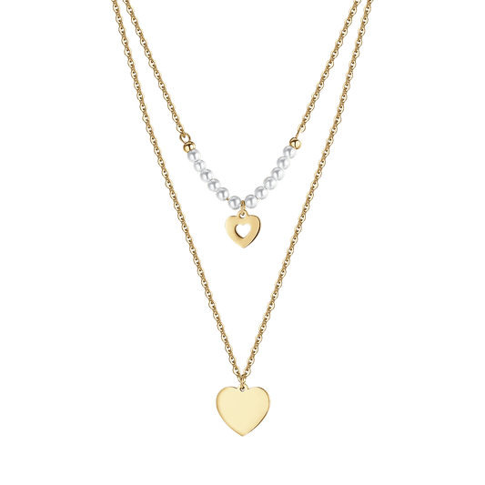 COLLANA DONNA IN ACCIAIO IP GOLD CON CUORI E PERLE BIANCHE