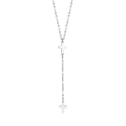 COLLANA ROSARIO DONNA IN ACCIAIO CON CROCI ED ELEMENTI BIANCHI