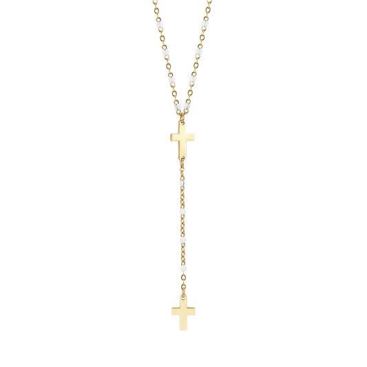 COLLANA ROSARIO DONNA IN ACCIAIO IP GOLD CON CROCI ED ELEMENTI BIANCHI