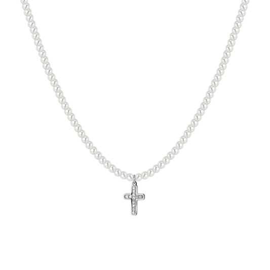 COLLANA DONNA IN ACCIAIO PERLE E CROCE