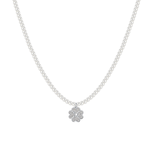 COLLANA DONNA IN ACCIAIO PERLE E QUADRIFOGLIO