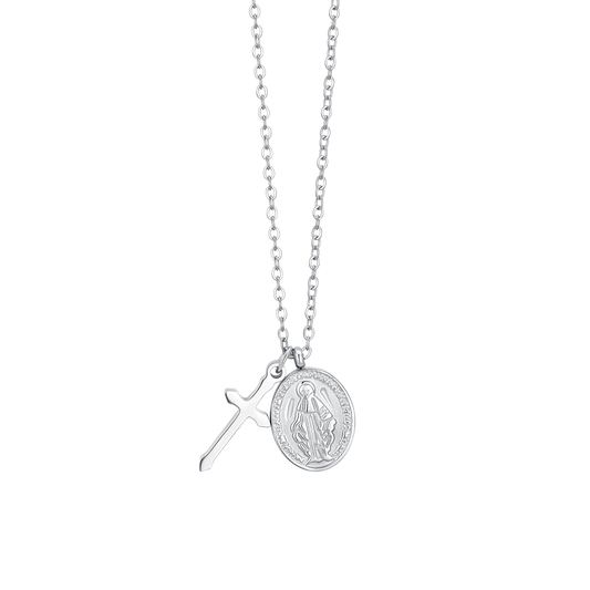COLLANA DONNA IN ACCIAIO, MEDAGLIETTA CON MADONNINA MIRACOLOSA E CROCE