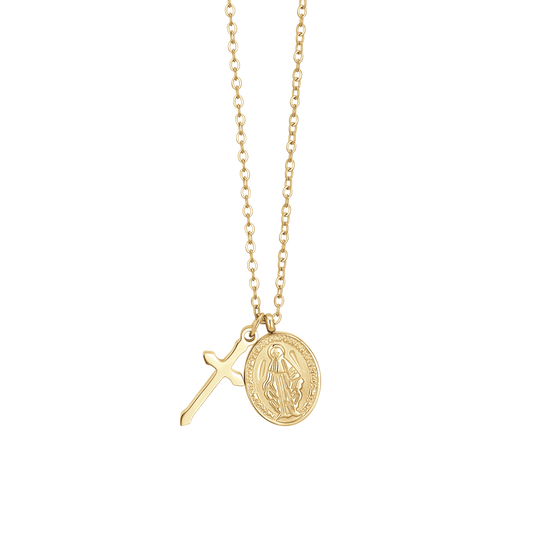 COLLANA DONNA IN ACCIAIO IP GOLD, MEDAGLIETTA CON MADONNINA MIRACOLOSA E CROCE