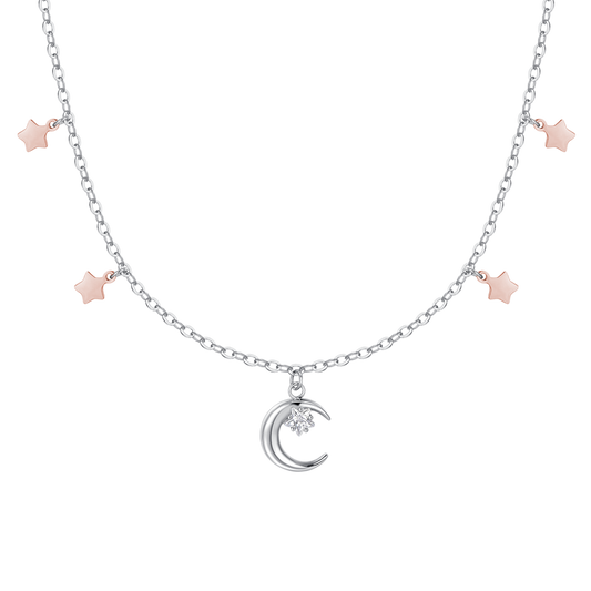 COLLANA DONNA IN ACCIAIO, LUNA CON ZIRCONE BIANCO E STELLE