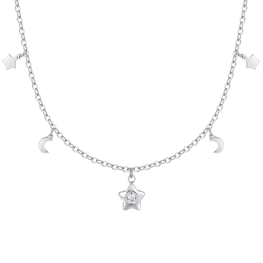 COLLANA DONNA IN ACCIAIO, STELLA CON ZIRCONE BIANCO, LUNE E STELLE