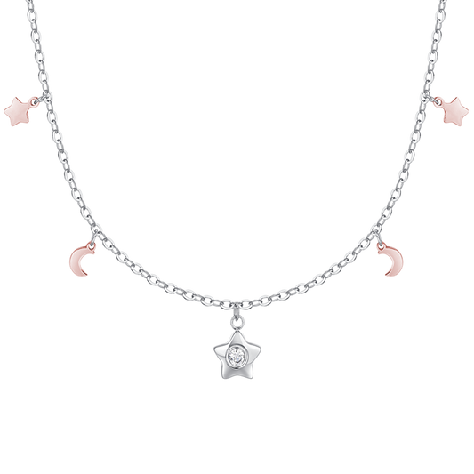 COLLANA DONNA IN ACCIAIO, STELLA CON ZIRCONE BIANCO, LUNE E STELLE IP ROSE