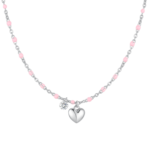 COLLANA DONNA IN ACCIAIO CON CUORE, CRISTALLO E PIETRE CON SMALTO ROSA