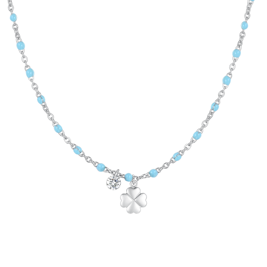 COLLANA DONNA IN ACCIAIO CON QUADRIFOGLIO,CRISTALLO E PIETRE CON SMALTO TURCHESE