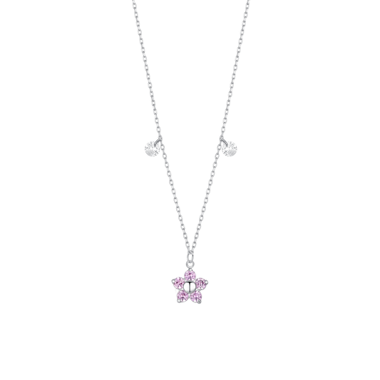 COLLANA DONNA IN ACCIAIO CON PENDENTE FIORE CON E PETALI ZIRCONE MAGENTA