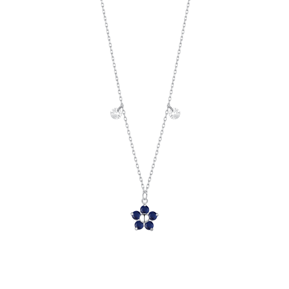 COLLANA DONNA IN ACCIAIO CON PENDENTE FIORE CON E PETALI ZIRCONE BLU