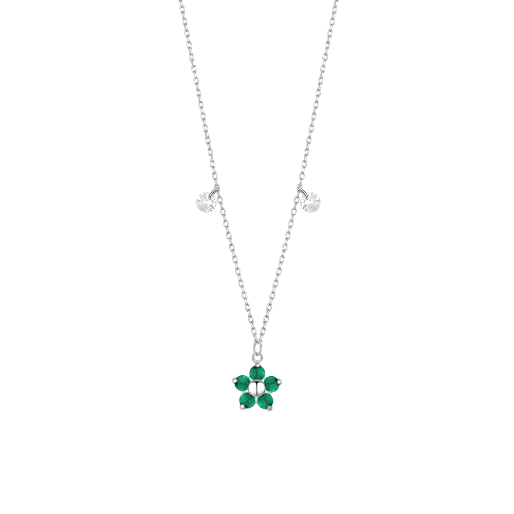 COLLANA DONNA IN ACCIAIO CON PENDENTE FIORE CON E PETALI ZIRCONE VERDE