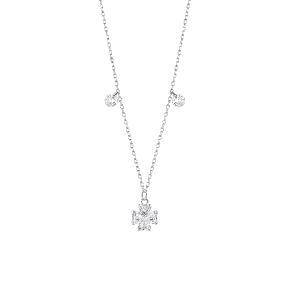 COLLANA IN ACCIAIO CON QUADRIFOGLIO E PETALI ZIRCONE BIANCO