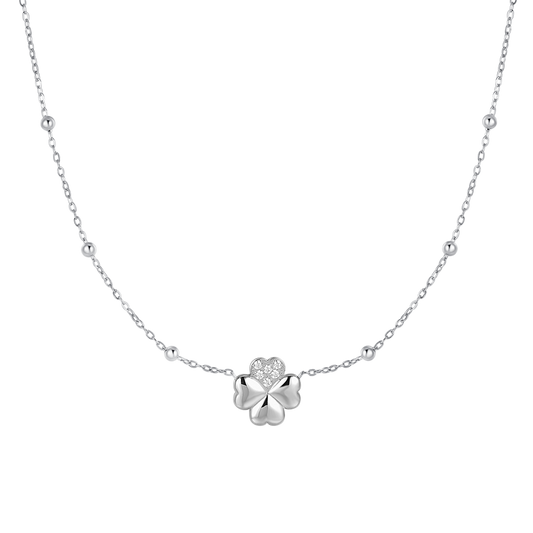 COLLANA DONNA IN ACCIAIO CON QUADRIFOGLIO E PUNTI LUCE IN ZIRCONE BIANCO