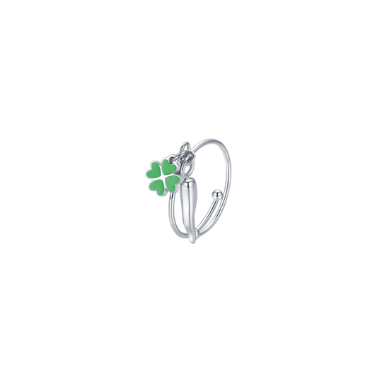 ANELLO BAMBINA IN ACCIAIO CON CORNO E QUADRIFOGLIO VERDE