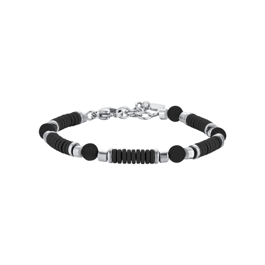 BRACCIALE BAMBINO IN ACCIAIO CON PIETRE NERE ED ELEMENTI CON SMALTO NERO